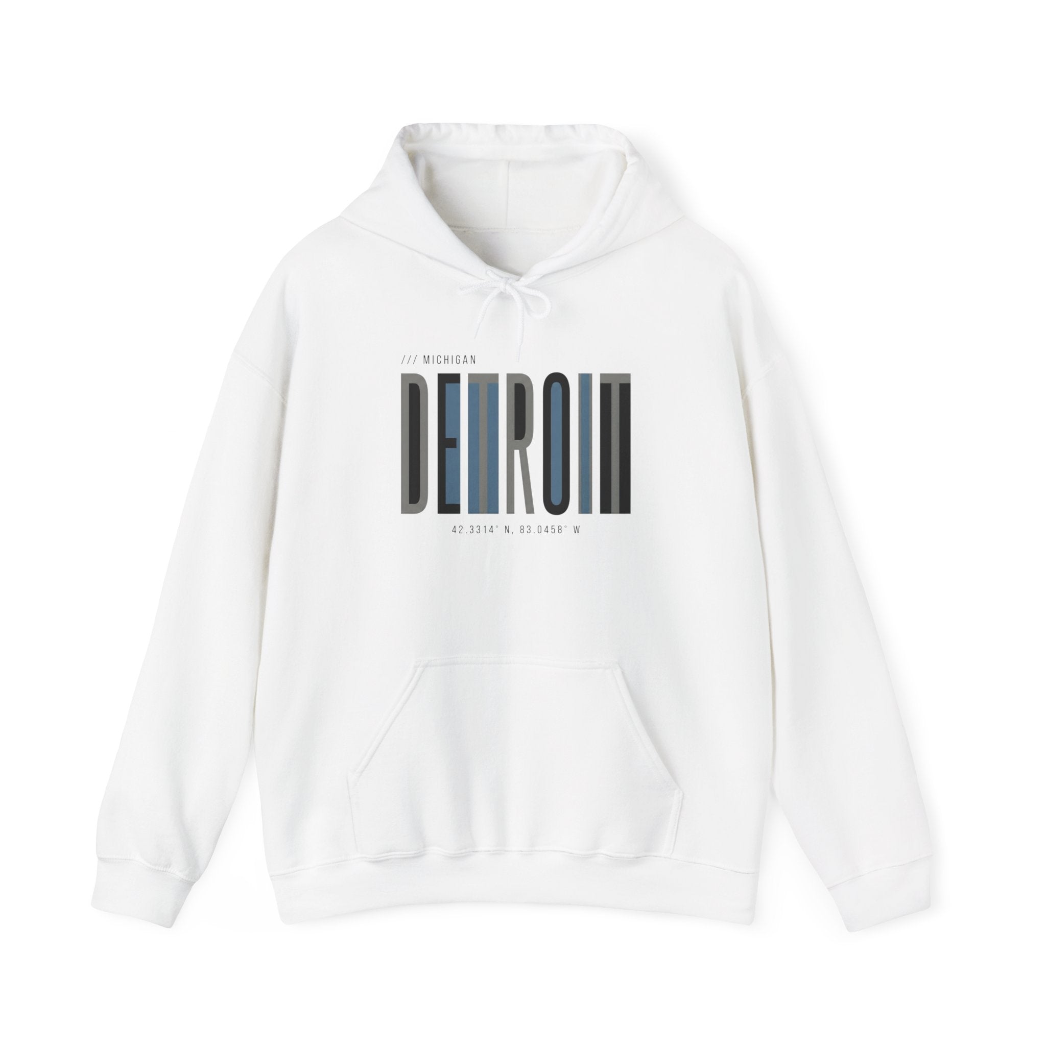 Detroit Skyline Hoodie — Minimal Vertical Text Motor City Sweatshirt