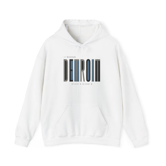 Detroit Skyline Hoodie — Minimal Vertical Text Motor City Sweatshirt