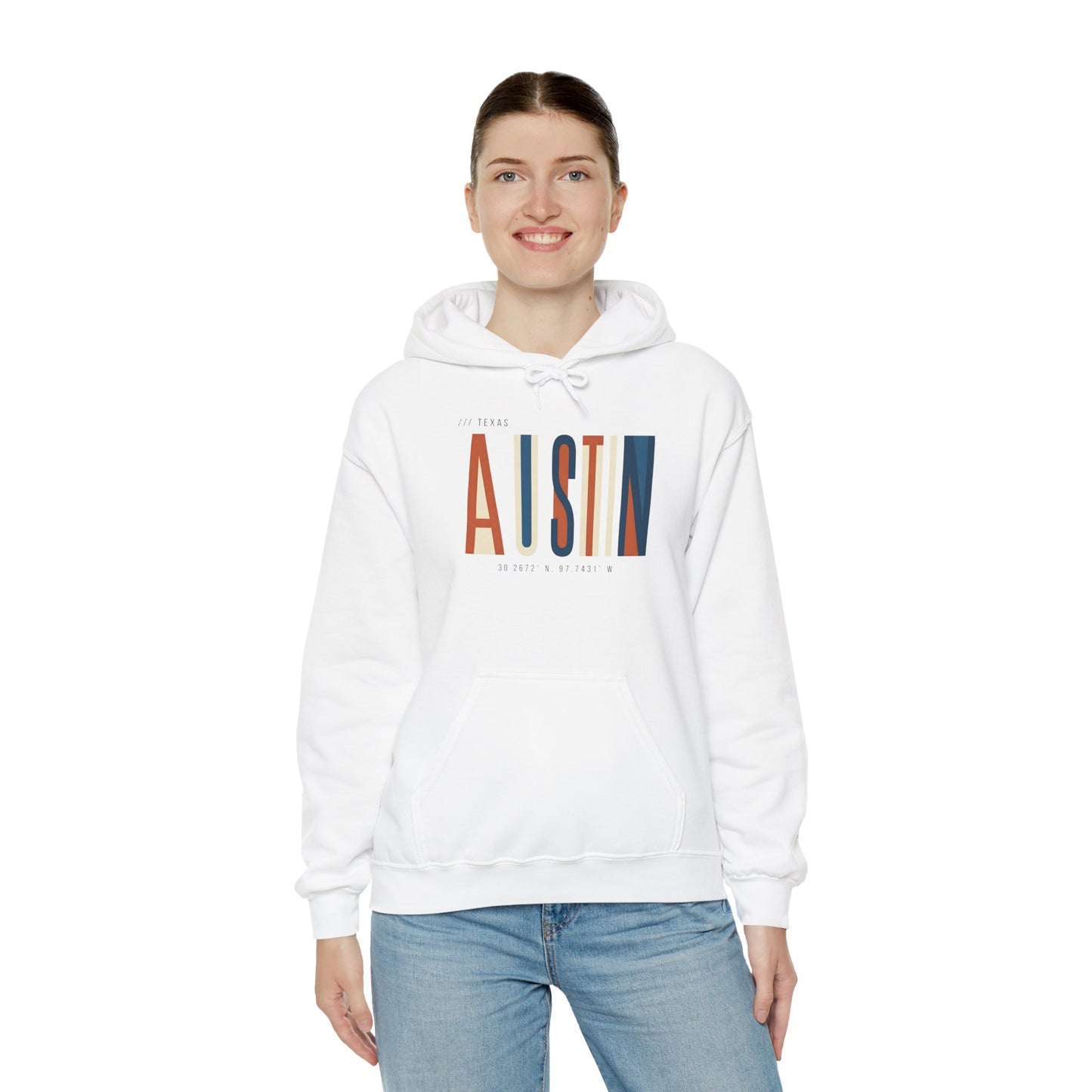 Austin Retro Block Hoodie — Minimalist City Typography Pullover