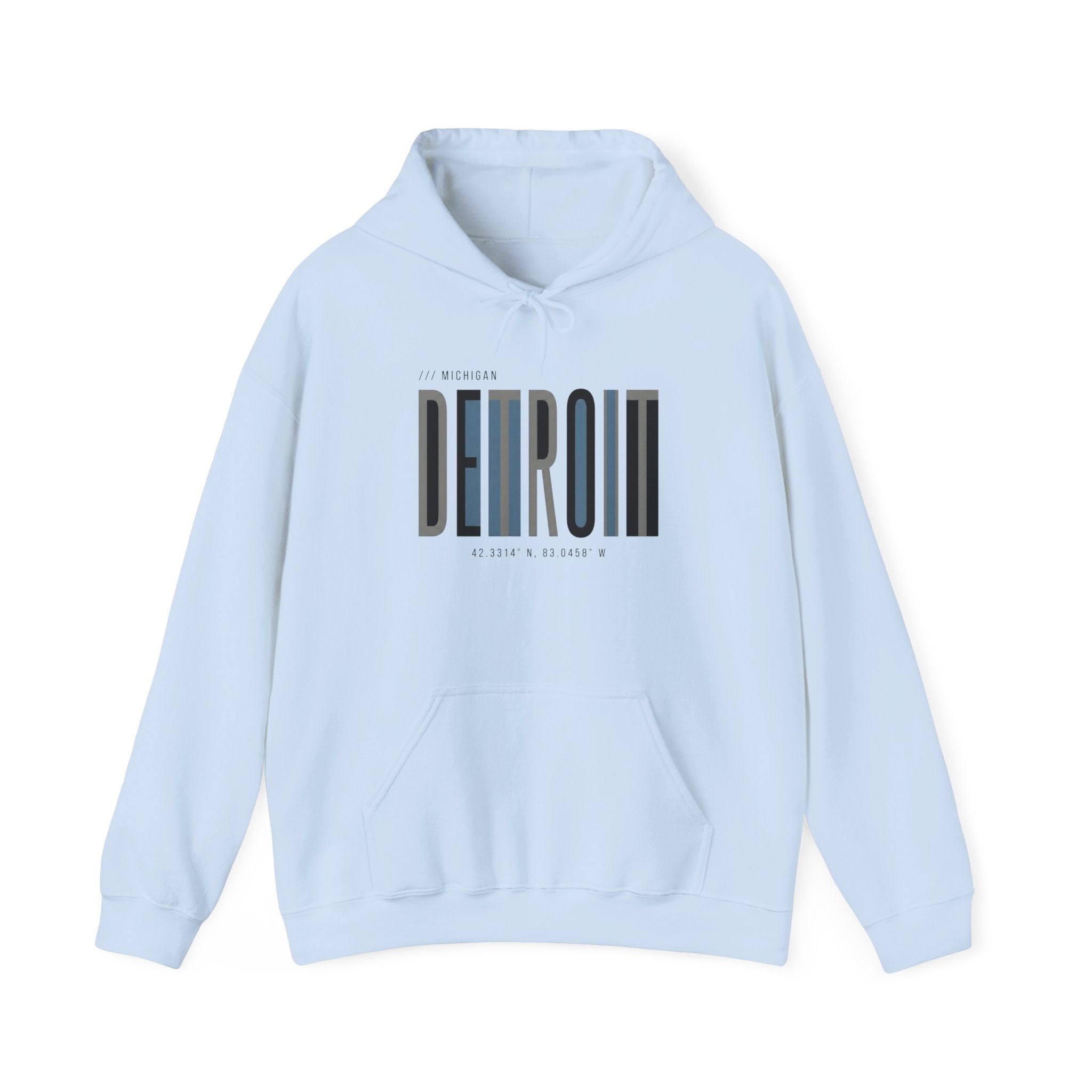Detroit Skyline Hoodie — Minimal Vertical Text Motor City Sweatshirt