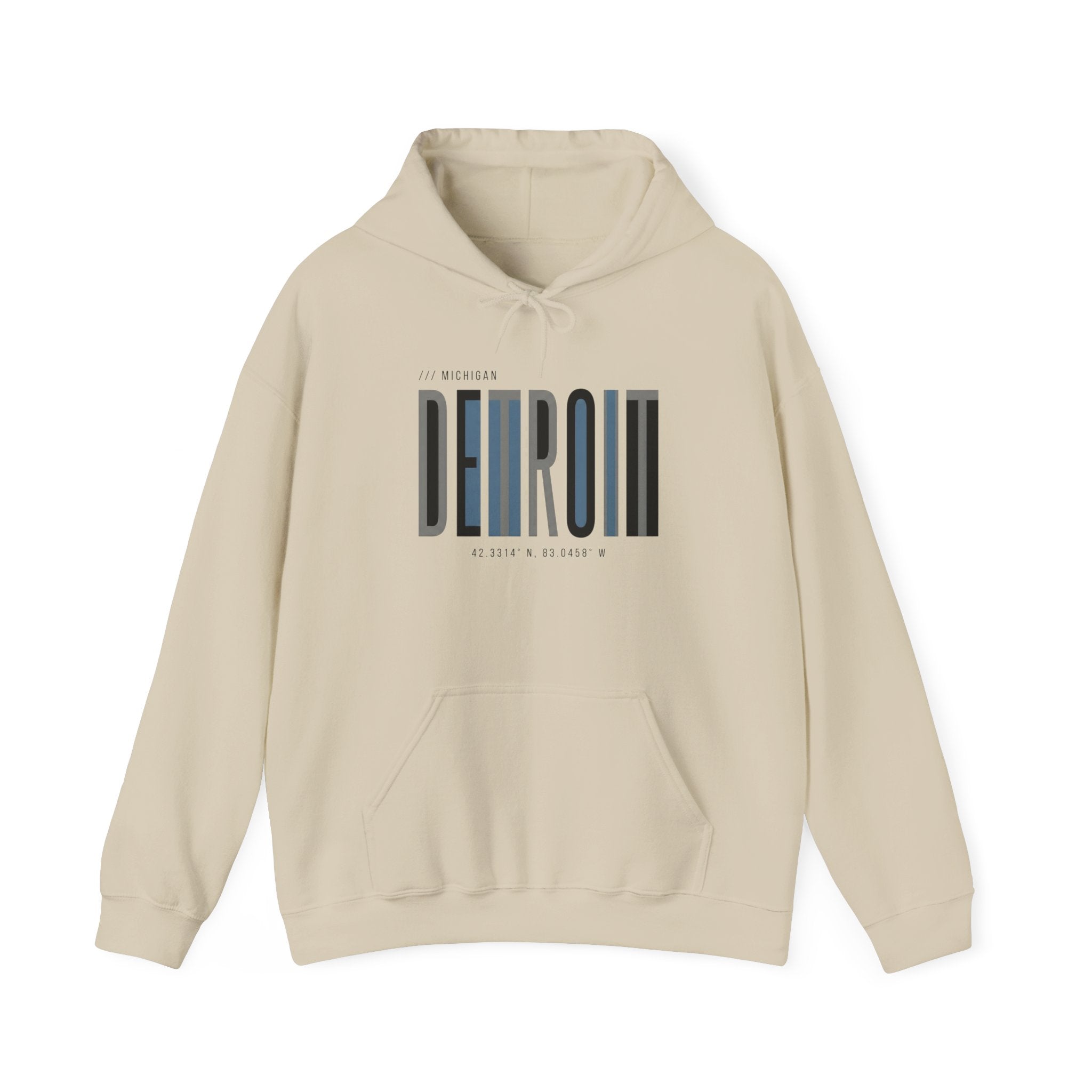 Detroit Skyline Hoodie — Minimal Vertical Text Motor City Sweatshirt