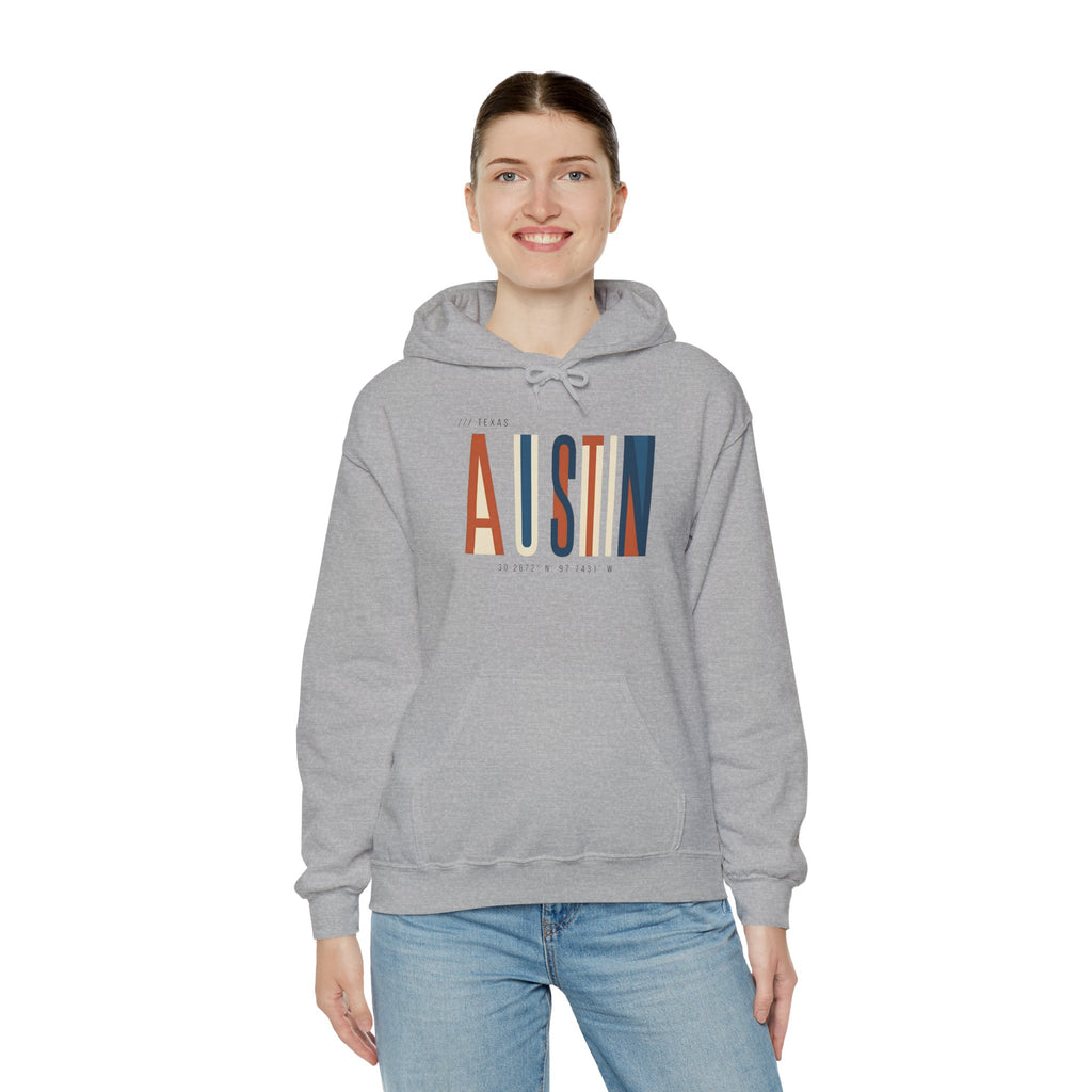 Austin Retro Block Hoodie — Minimalist City Typography Pullover