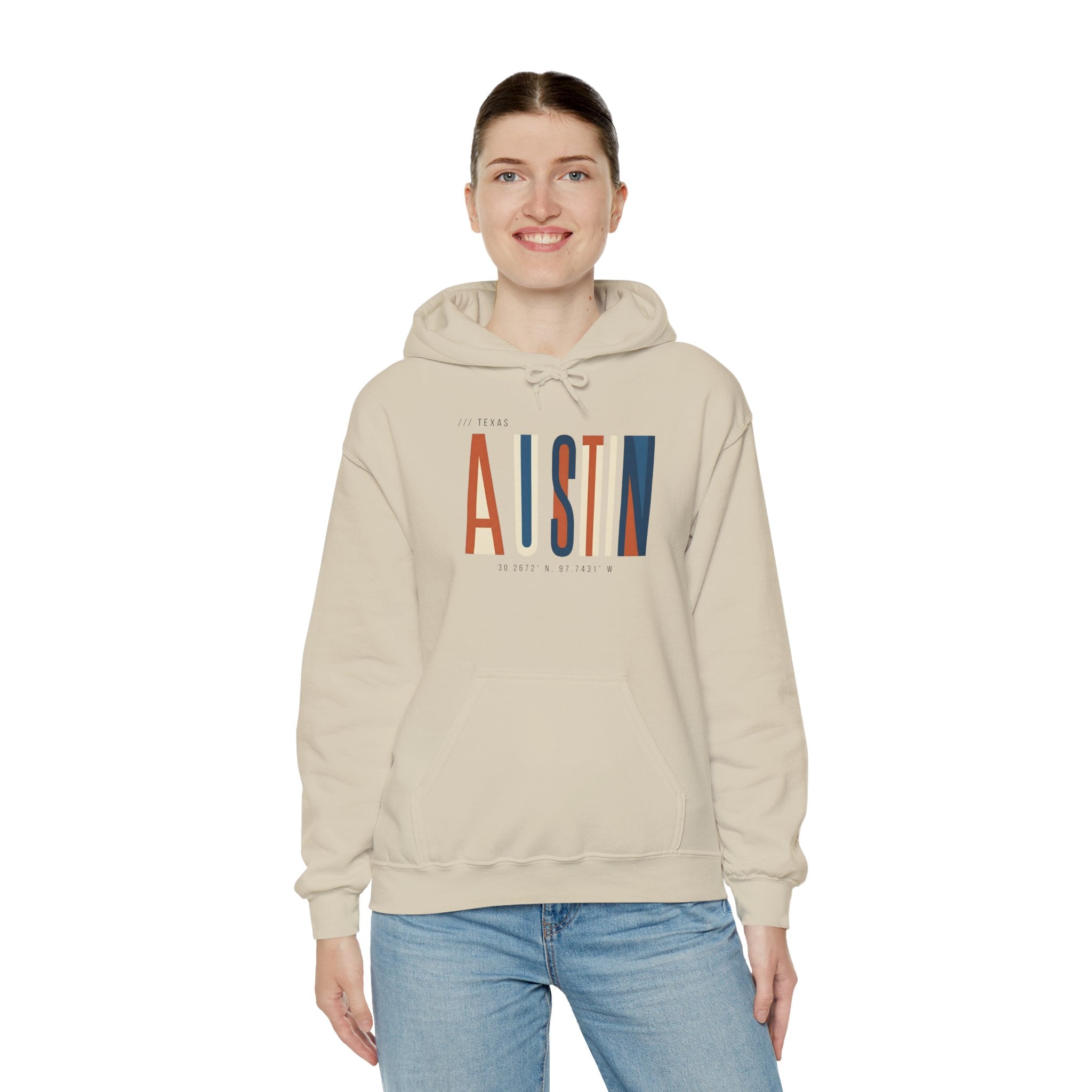 Austin Retro Block Hoodie — Minimalist City Typography Pullover
