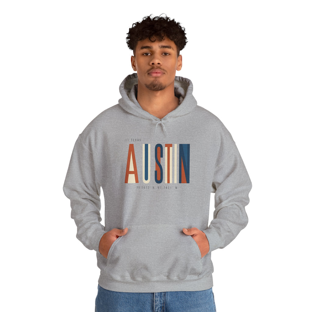 Austin Retro Block Hoodie — Minimalist City Typography Pullover