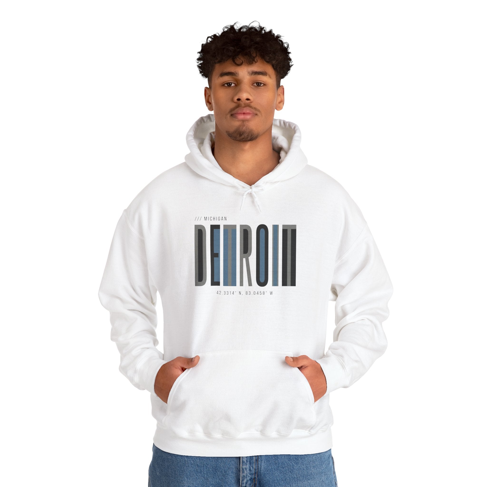 Detroit Skyline Hoodie — Minimal Vertical Text Motor City Sweatshirt