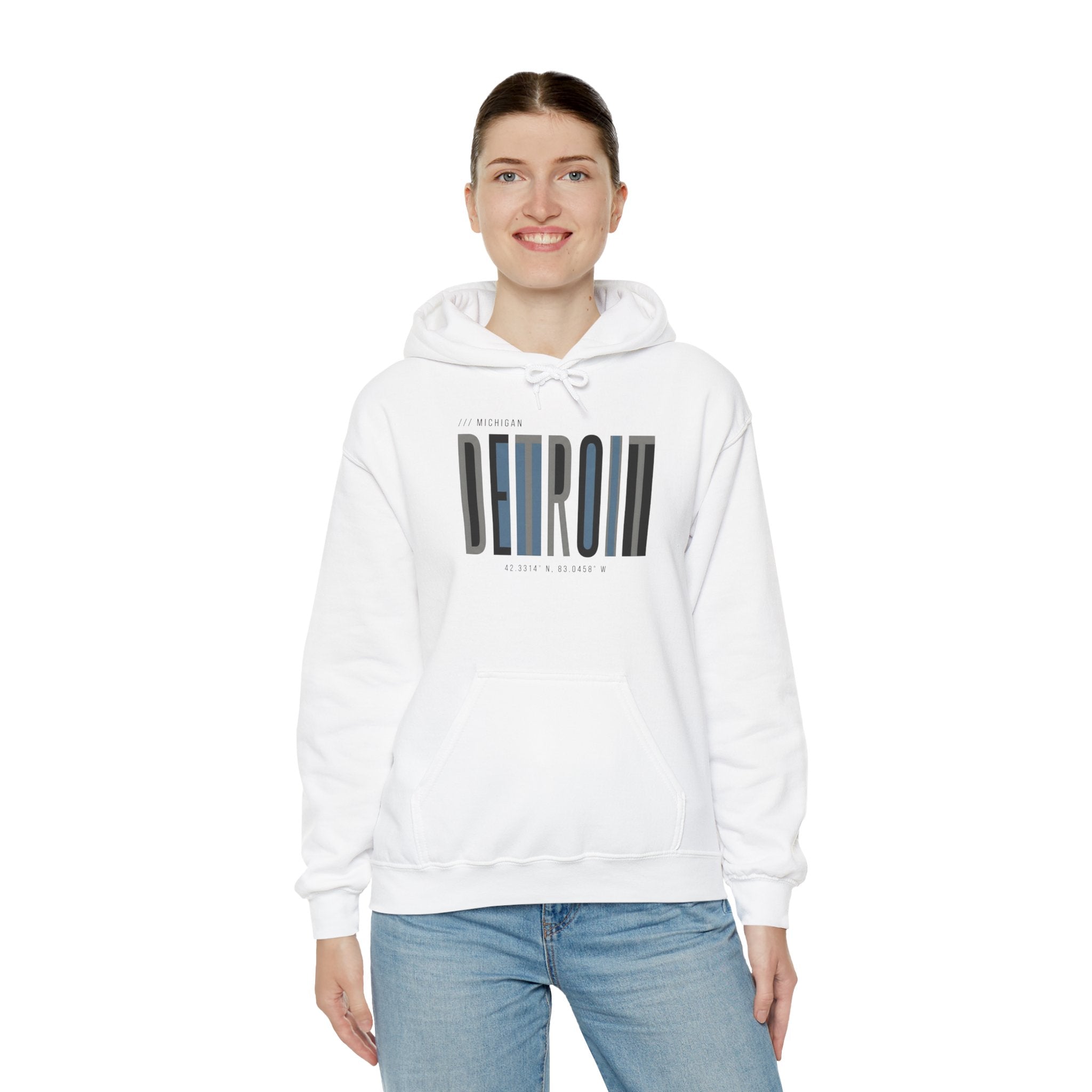 Detroit Skyline Hoodie — Minimal Vertical Text Motor City Sweatshirt