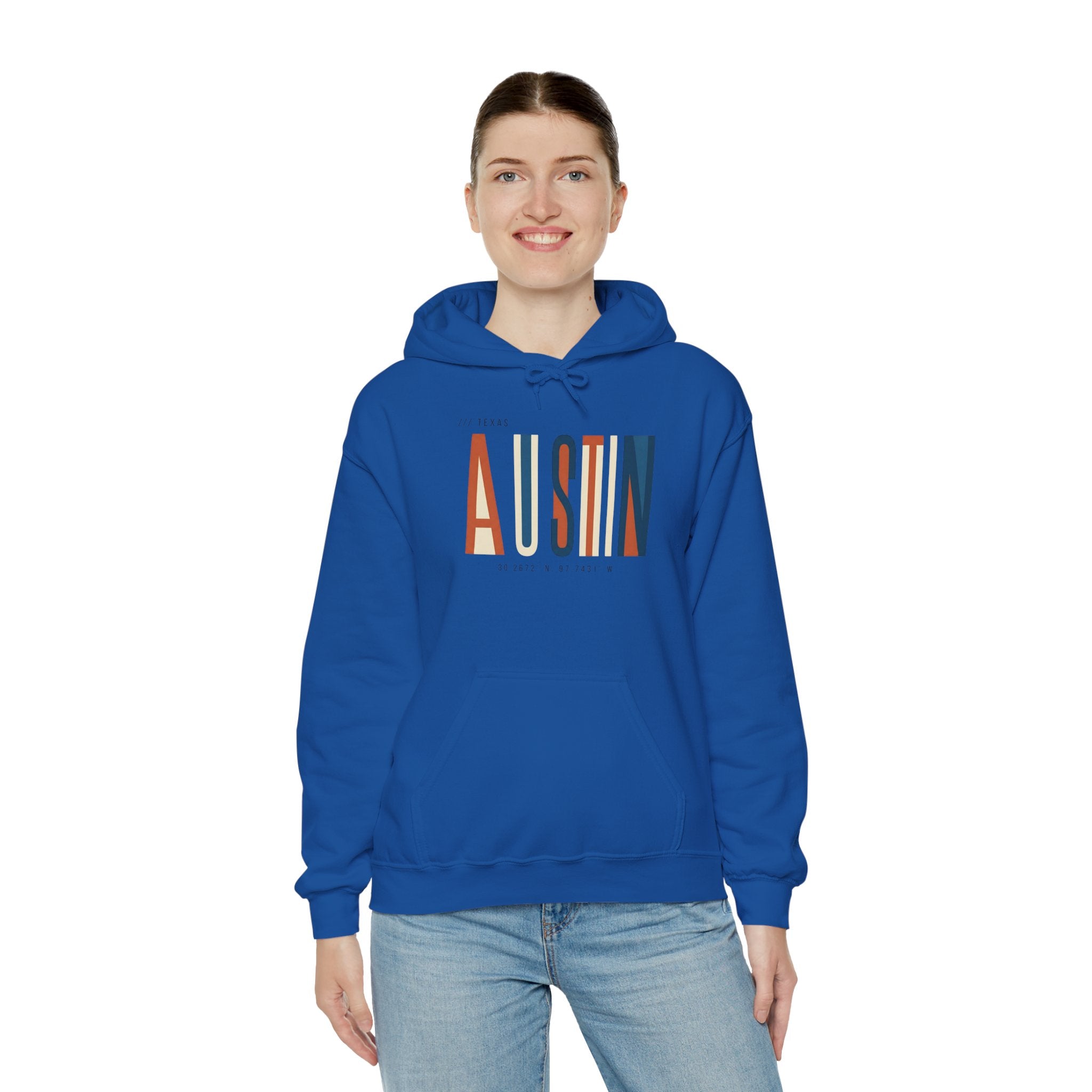 Austin Retro Block Hoodie — Minimalist City Typography Pullover