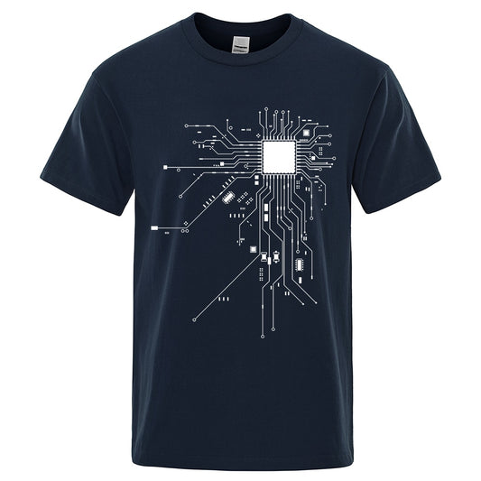 White CPU Processor Blueprint Pure Cotton Unisex Round Neck T-Shirt - Dark Blue