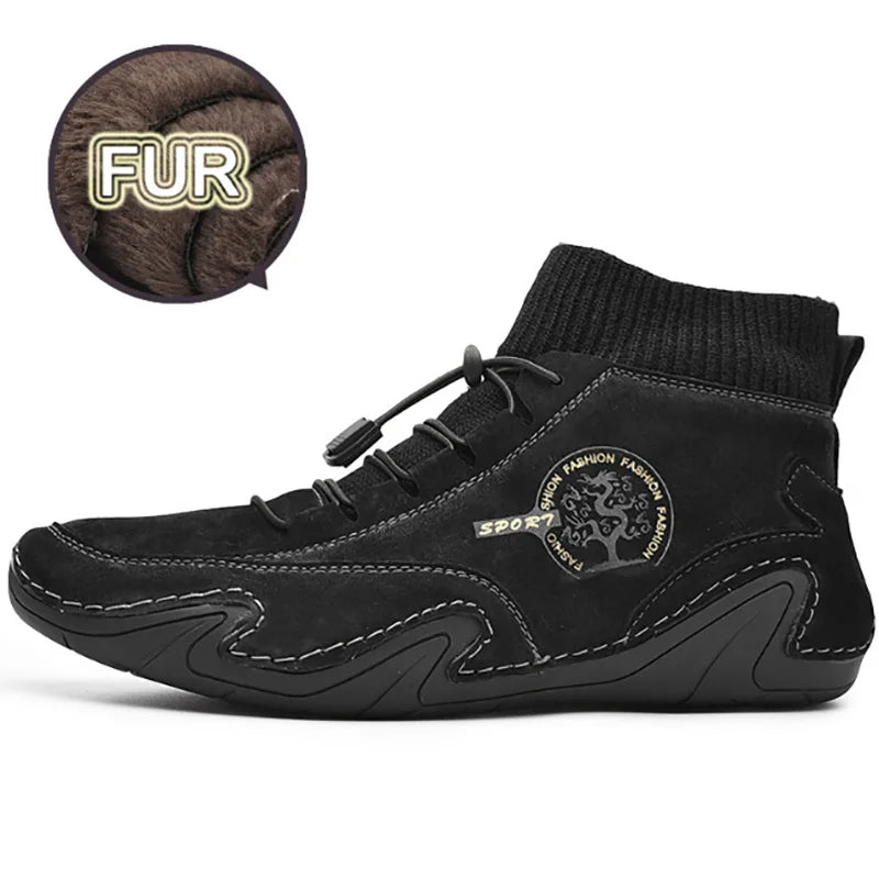 Winter-ready Plush Leather Men's Casual Sneakers: Stylish, Anti-Slip, and Warm Outdoor Shoes.