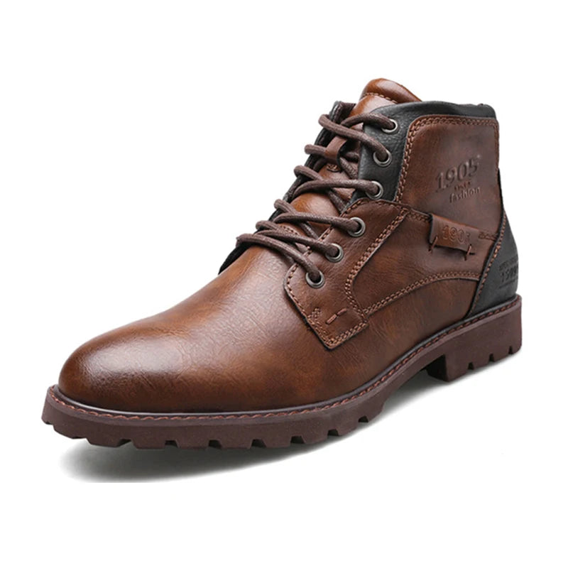 Retro PU Leather Men's Military-style Ankle Boots with Non-slip Lace-Up Design for Casual and Motorcycle Wear