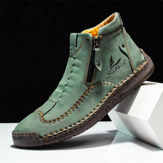 Hand-Stitched Pu Leather Ankle Boots - Stylish Casual Comfort