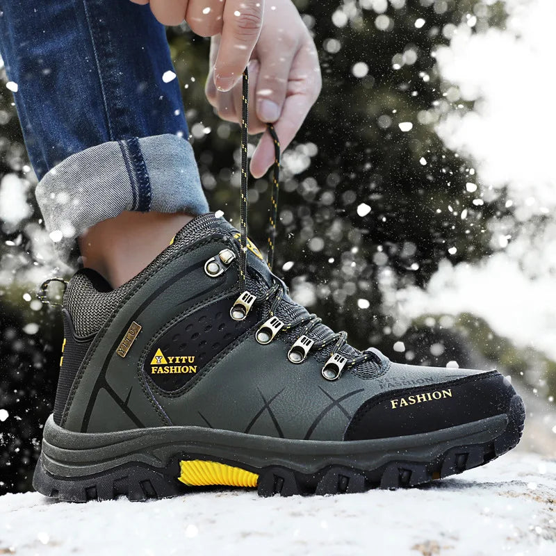 Waterproof Leather Lace-Up Snow Boots for Men with Super Warm Fleeces