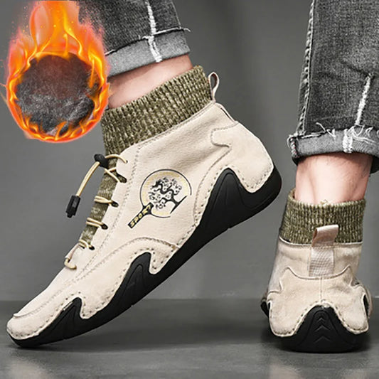 Winter-ready Plush Leather Men's Casual Sneakers: Stylish, Anti-Slip, and Warm Outdoor Shoes.